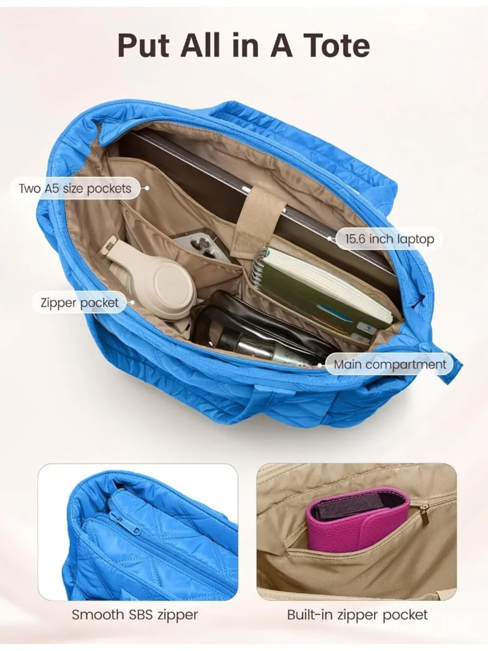 👜Women's Blue Puffer Tote Bags Lightweight Quilted Work For Travel